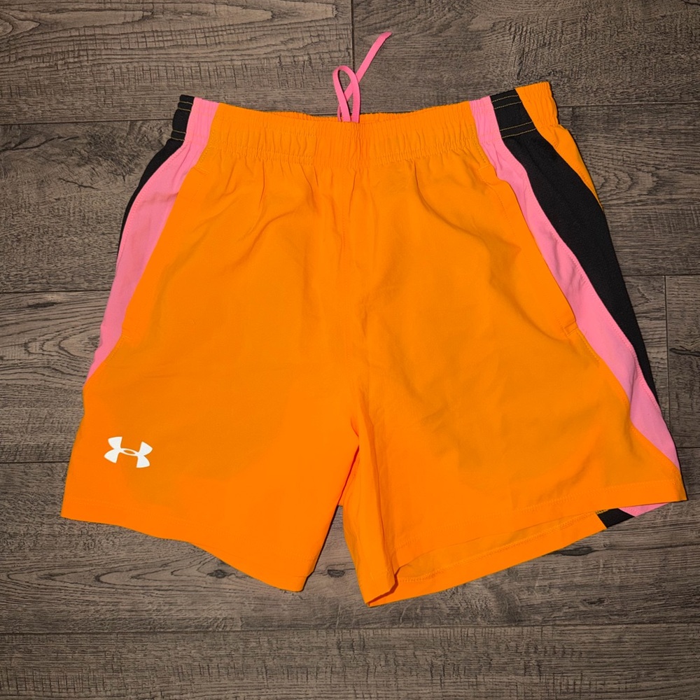 Under Armour Men’s Orange Athletic Shorts with Pink & Black Panels